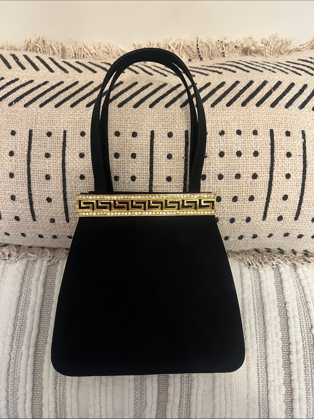 Black Velvet Handbag with Gold Greek-Key Accent